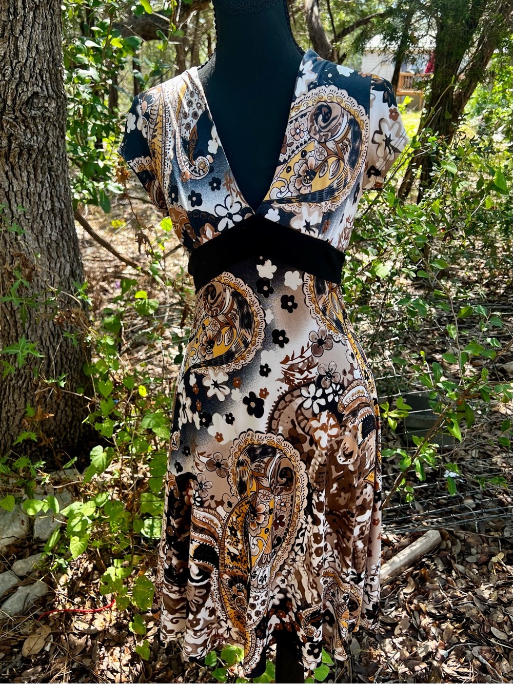 Women's Paisley V-Neck Dress in Black, Brown & Cream